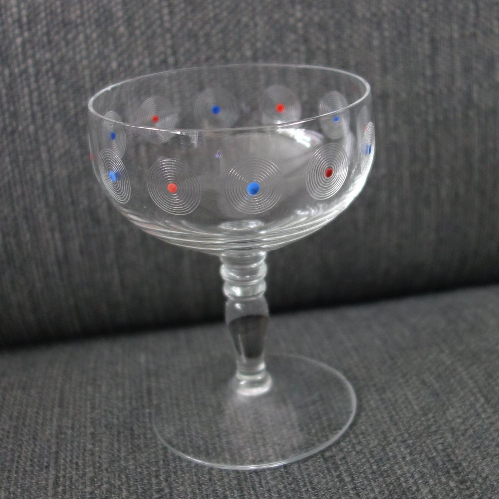 Marie Antoinette Champagne Glass with Red and Blue Circle Pattern